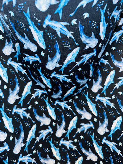 Multi Sharks design print on best quality of nylon spandex 4-way stretch 58/60” Blue Multi.