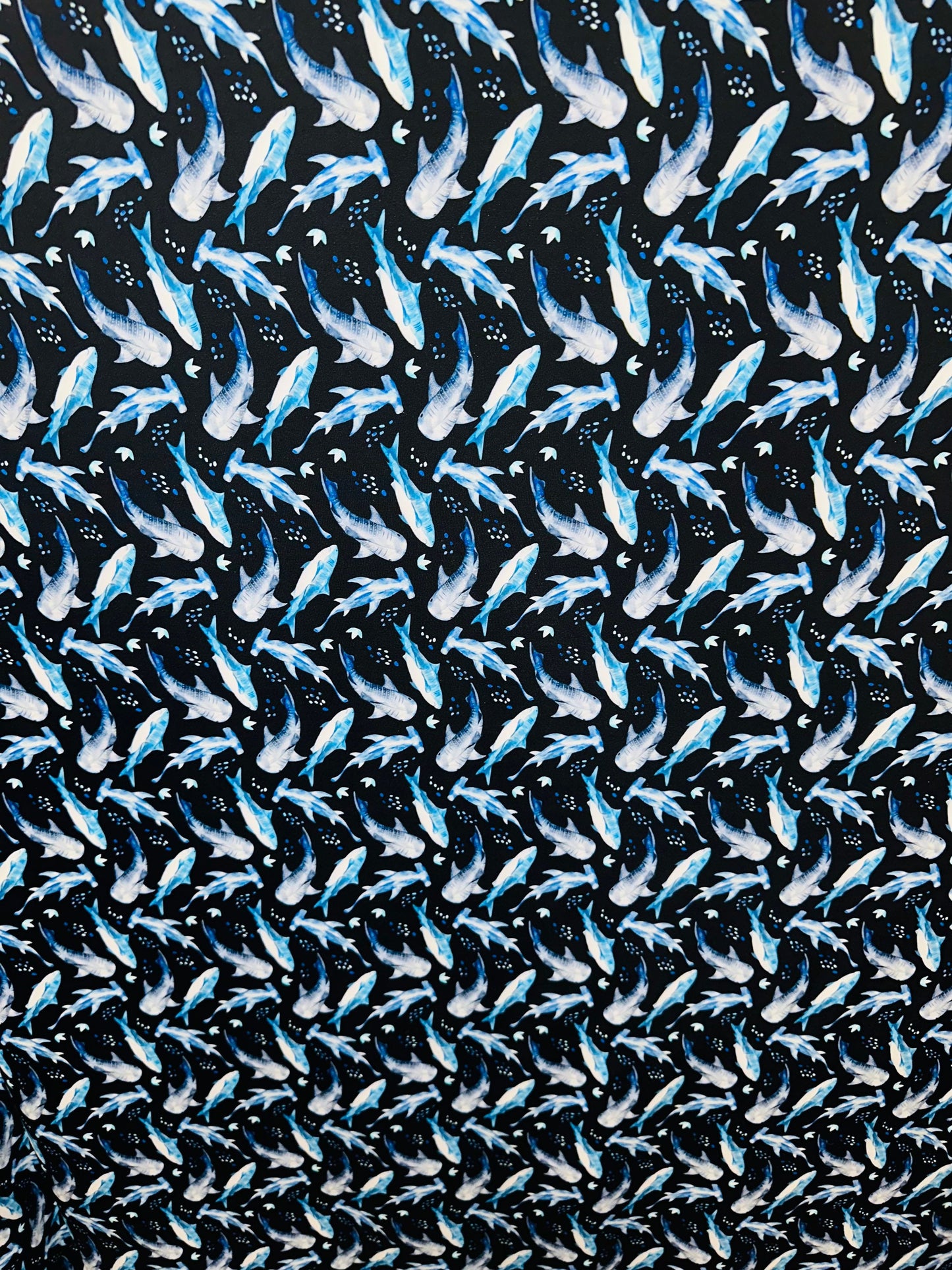 Multi Sharks design print on best quality of nylon spandex 4-way stretch 58/60” Blue Multi.