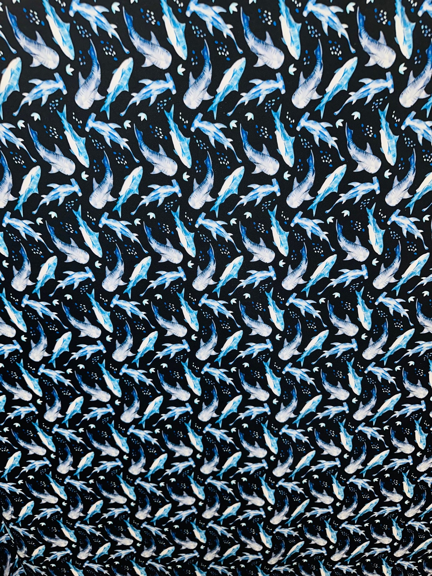 Multi Sharks design print on best quality of nylon spandex 4-way stretch 58/60” Blue Multi.