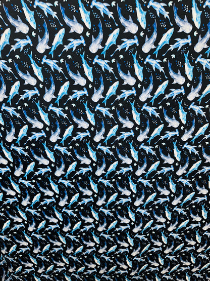 Multi Sharks design print on best quality of nylon spandex 4-way stretch 58/60” Blue Multi.