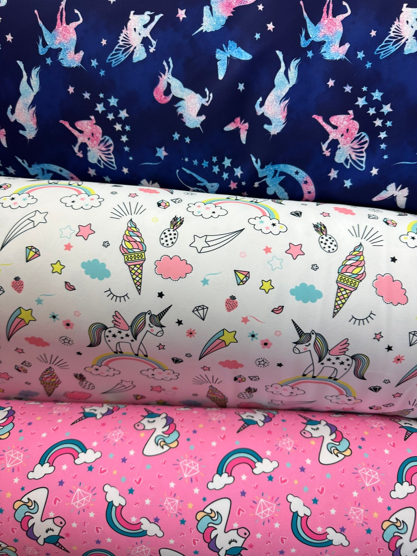 Unicorn design multicolor print on great quality of nylon spandex 4-way stretch 58/60” Sold by the YD. Ships worldwide