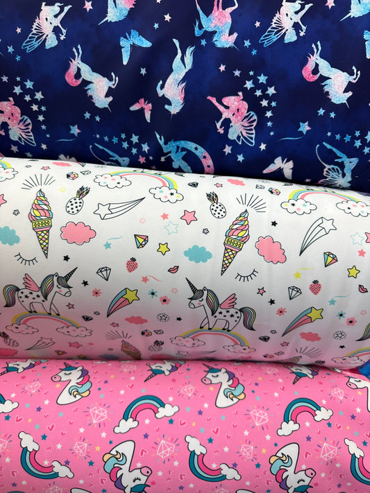 Unicorn design multicolor print on great quality of nylon spandex 4-way stretch 58/60” Sold by the YD. Ships worldwide