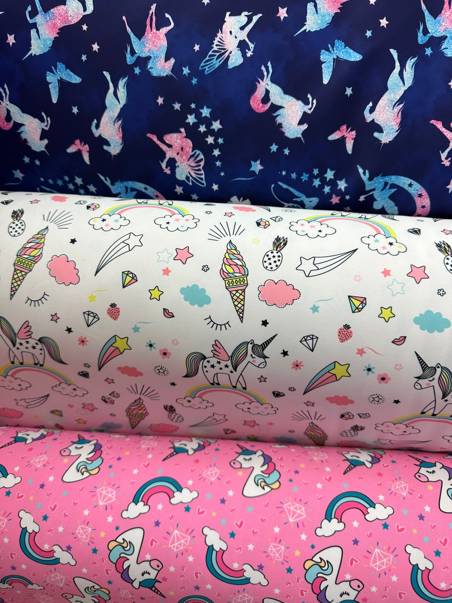 Unicorn design multicolor print on great quality of nylon spandex 4-way stretch 58/60” Sold by the YD. Ships worldwide