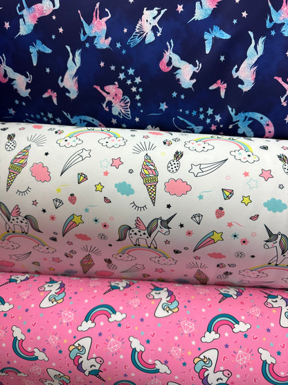 Unicorn design multicolor print on great quality of nylon spandex 4-way stretch 58/60” Sold by the YD. Ships worldwide