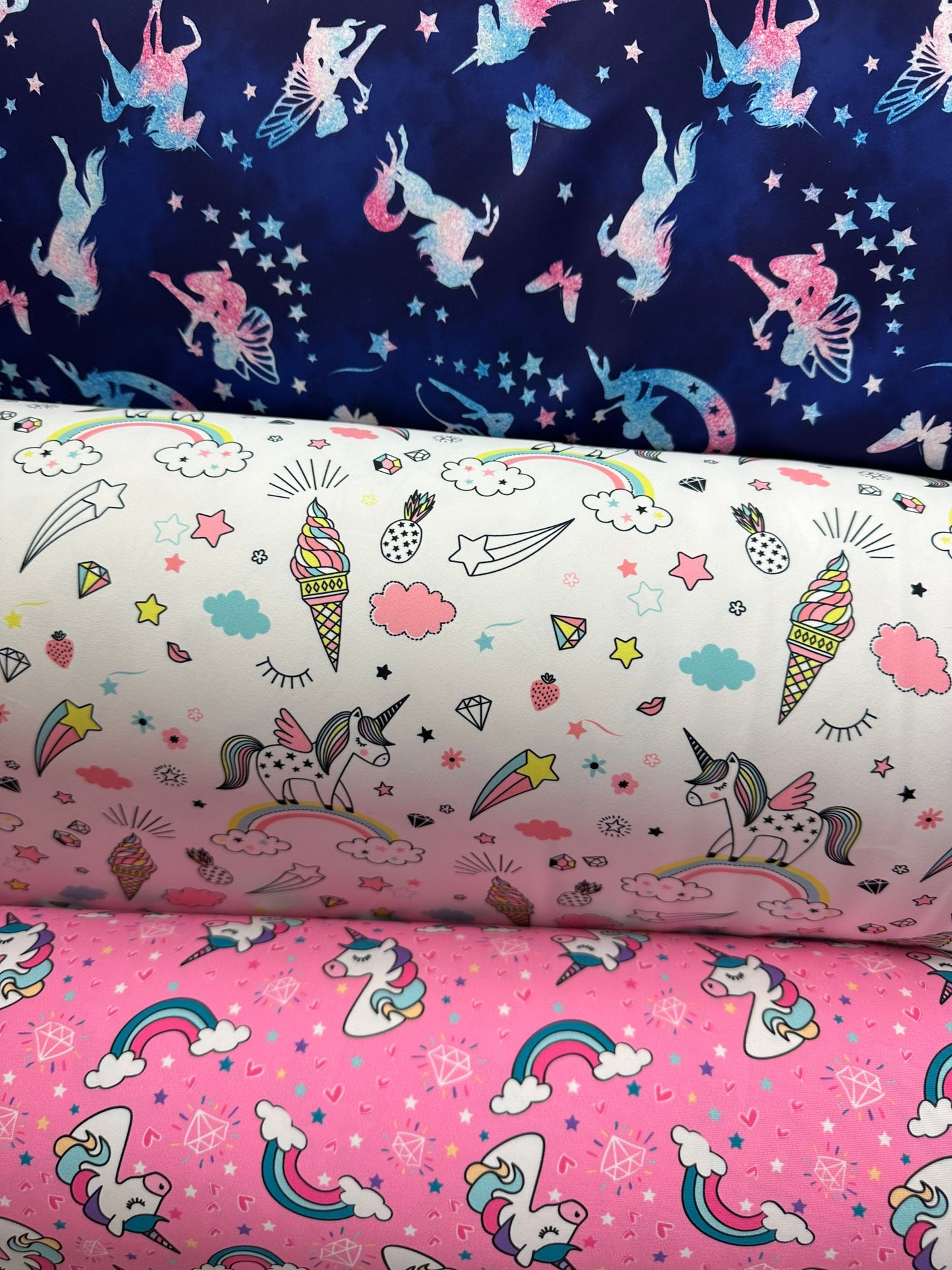 Unicorn design multicolor print on great quality of nylon spandex 4-way stretch 58/60” Sold by the YD. Ships worldwide