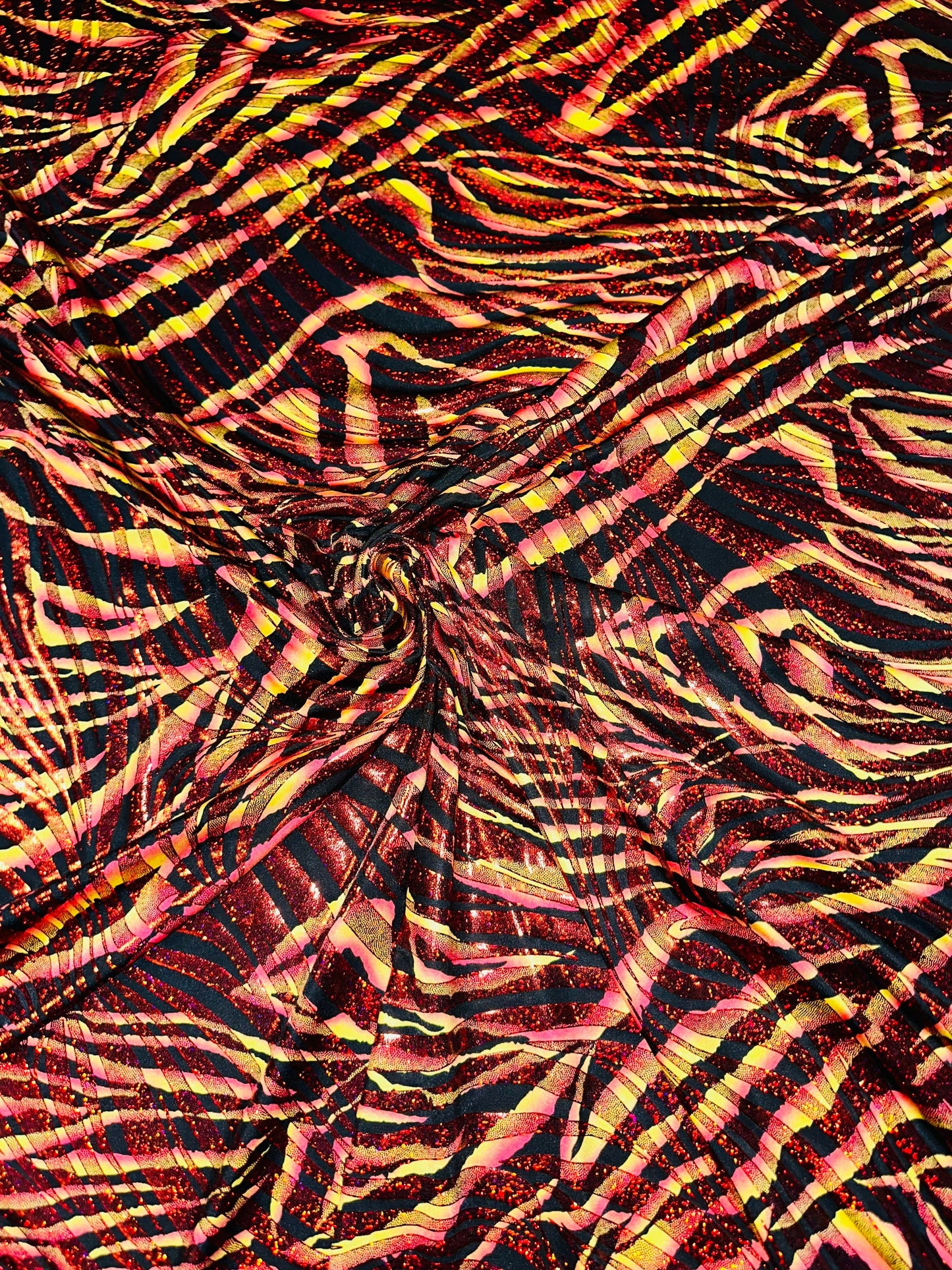 New Abstract Tiger design hologram metallic nylon spandex 4-way stretch 58/60” Sold by the YD.