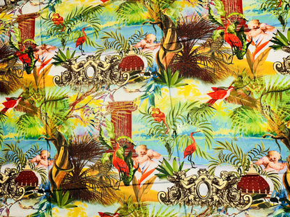 Celestial Eden garden design print on power mesh 4-way stretch 58/60” Sold by the YD.