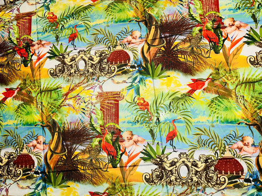 Celestial Eden garden design print on power mesh 4-way stretch 58/60” Sold by the YD.