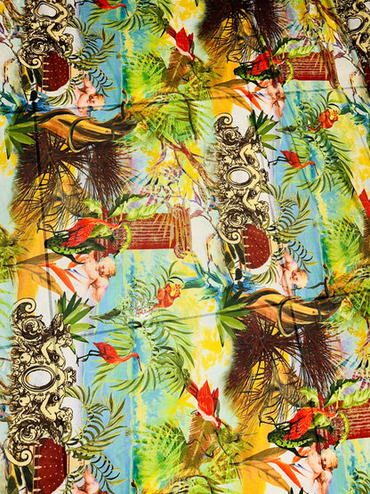 Celestial Eden garden design print on power mesh 4-way stretch 58/60” Sold by the YD.