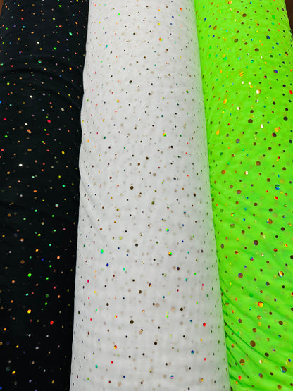 Luxury stretch power mesh with Lacer hologram sequins all over 4-way stretch 58/60” Sold by the YD.