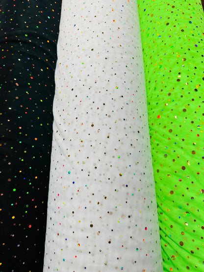 Luxury stretch power mesh with Lacer hologram sequins all over 4-way stretch 58/60” Sold by the YD.