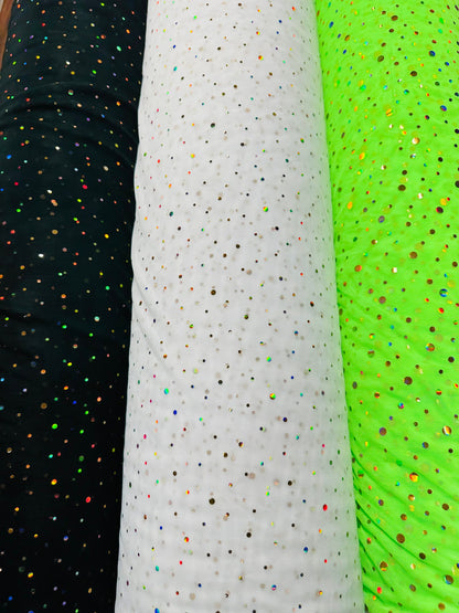 Luxury stretch power mesh with Lacer hologram sequins all over 4-way stretch 58/60” Sold by the YD.