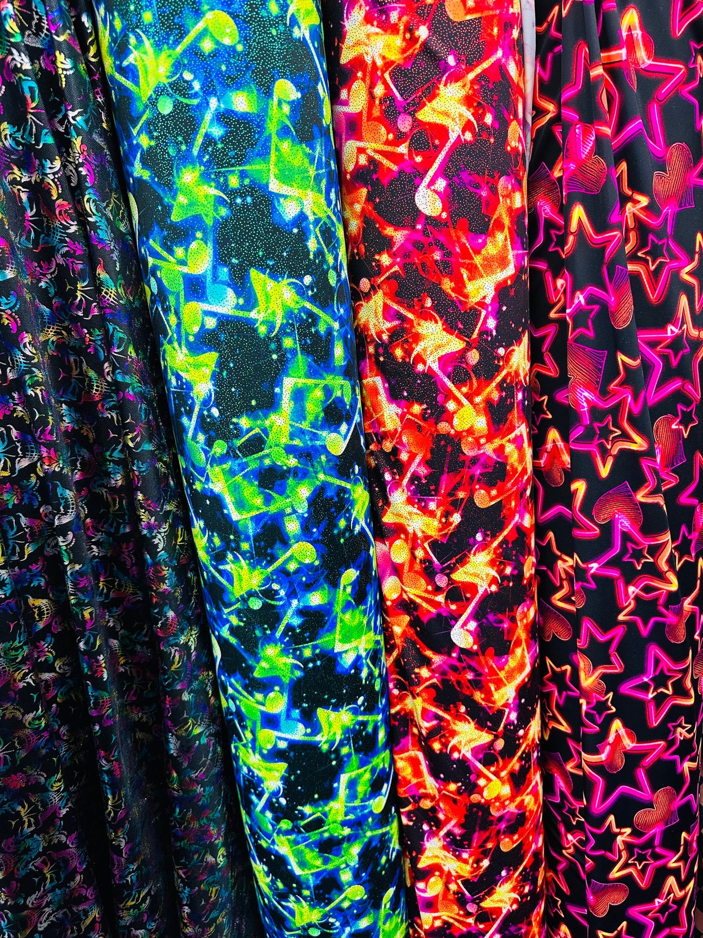 Various designs terminator, abstract designs and Stars design on best quality of nylon spandex 4-way stretch 58/60” Sold by the YD.