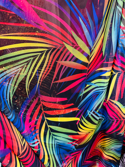 New Luxury Tropical Leaf design Rainbow print on great quality of power mesh 4-way stretch 58/60” Sold by the YD.