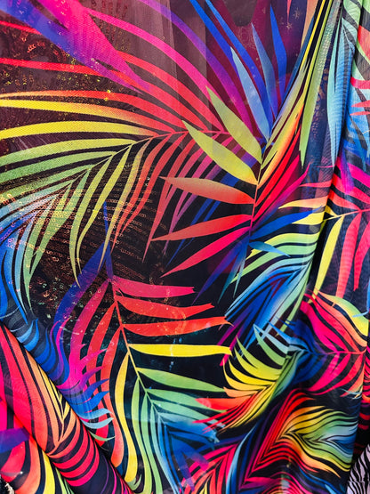 New Luxury Tropical Leaf design Rainbow print on great quality of power mesh 4-way stretch 58/60” Sold by the YD.