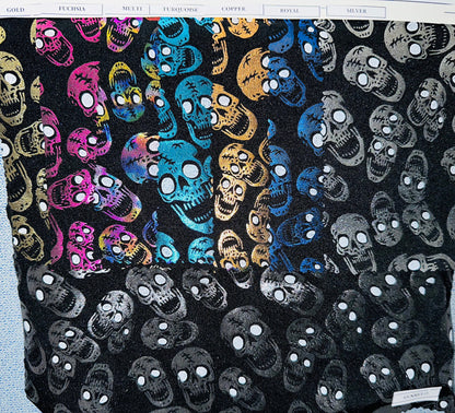 Luxury Laughing skulls design metallic nylon spandex with foil 4-way stretch 58/60” Sold by the YD. Ships worldwide from L.A