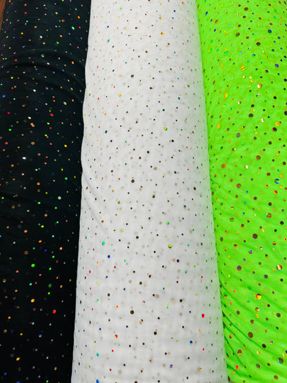 Luxury stretch power mesh with Lacer hologram sequins all over 4-way stretch 58/60” Sold by the YD.