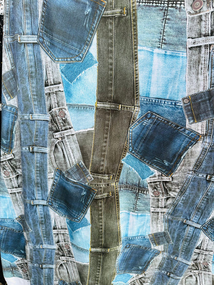 Luxury Jeans Pocket design print on great quality of nylon spandex 4-way stretch 58/60” Sold by the YD.