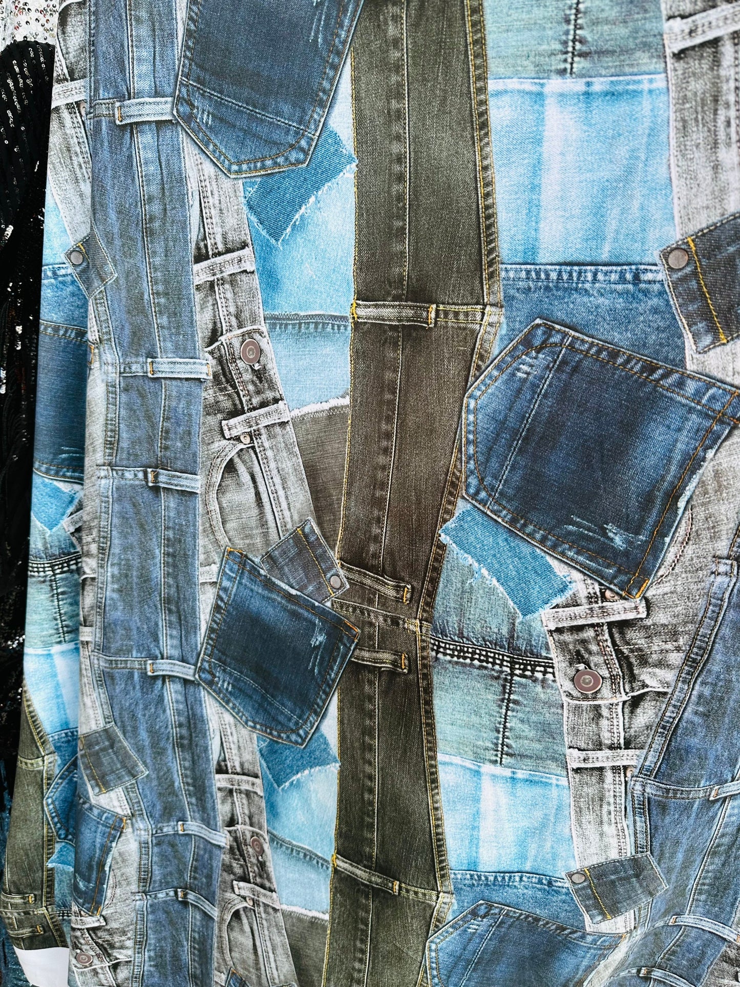 Luxury Jeans Pocket design print on great quality of nylon spandex 4-way stretch 58/60” Sold by the YD.