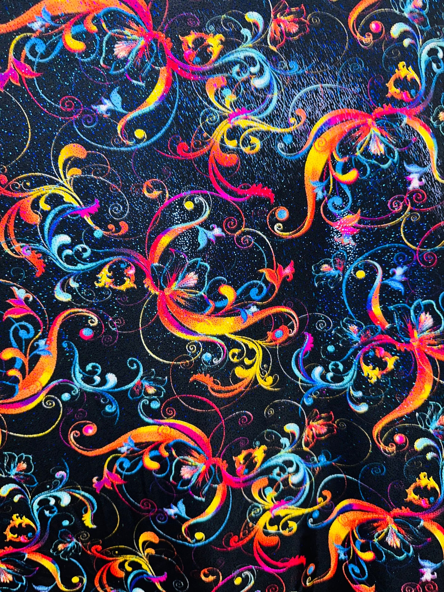 New Magic Flourish design Black/Multicolor Best quality of nylon spandex with foggy foil 4-way stretch 58/60”