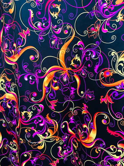 New Magic Flourish design Black/Multicolor Best quality of nylon spandex  4-way stretch 58/60” high quality spandex Sold by the YD.