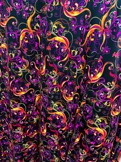 New Magic Flourish design Black/Multicolor Best quality of nylon spandex  4-way stretch 58/60” high quality spandex Sold by the YD.