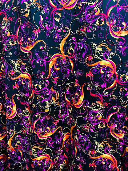 New Magic Flourish design Black/Multicolor Best quality of nylon spandex  4-way stretch 58/60” high quality spandex Sold by the YD.