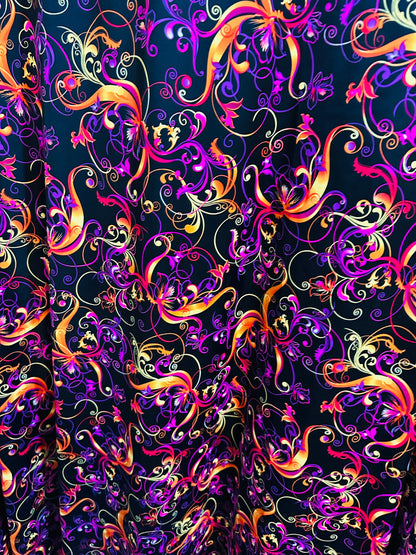 New Magic Flourish design Black/Multicolor Best quality of nylon spandex  4-way stretch 58/60” high quality spandex Sold by the YD.