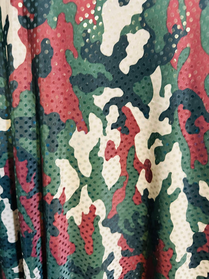 Camouflage design Army color print on great quality of poly spandex 2-way stretch with clear sequins 58/60” Sold by the YD.