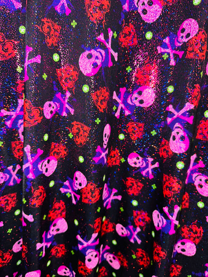 Luxury Skulls with Hearts design print on best quality of nylon spandex with foggy foil 4-way stretch 58/60” High quality spandex fabric.