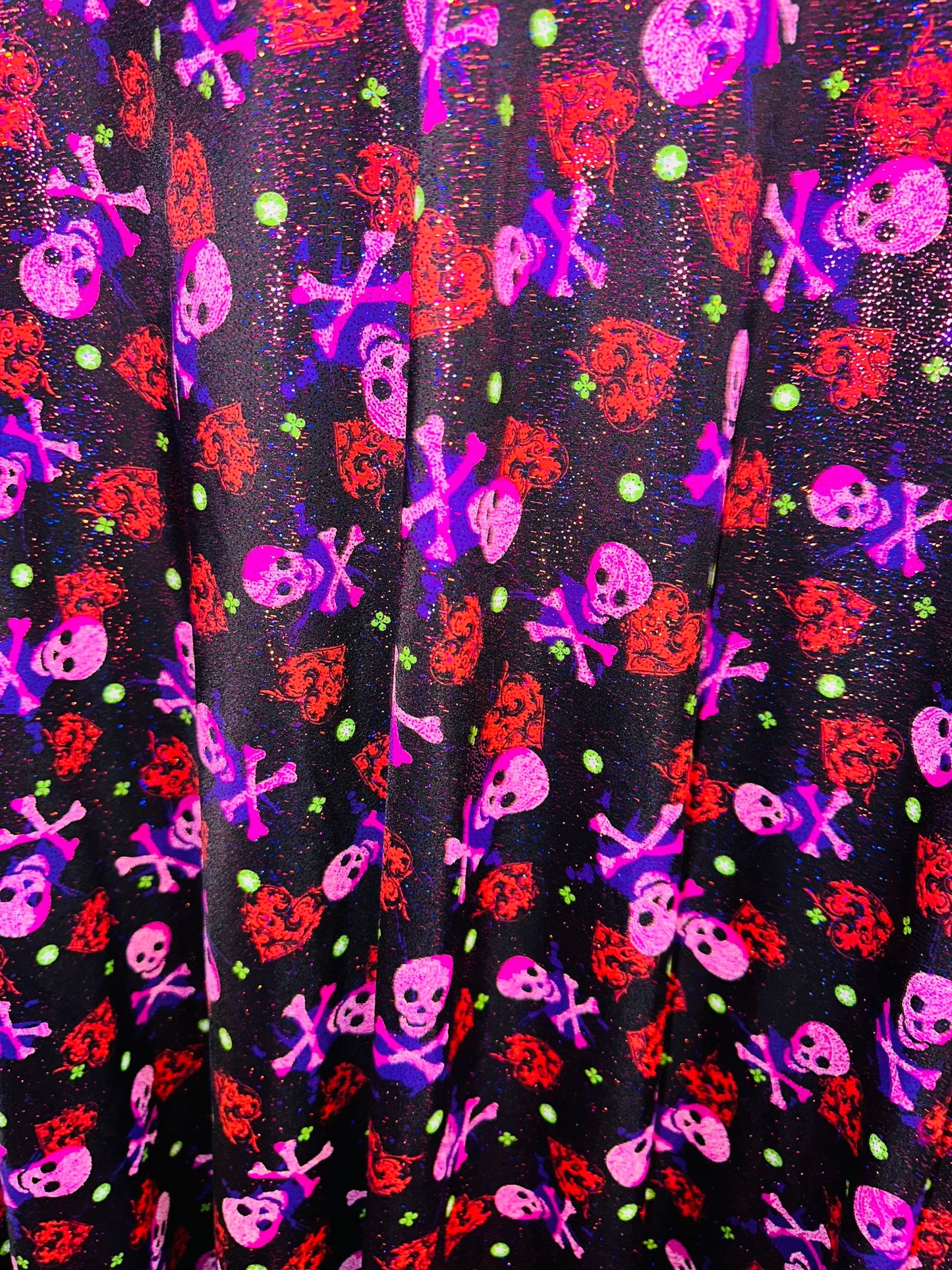 Luxury Skulls with Hearts design print on best quality of nylon spandex with foggy foil 4-way stretch 58/60” High quality spandex fabric.