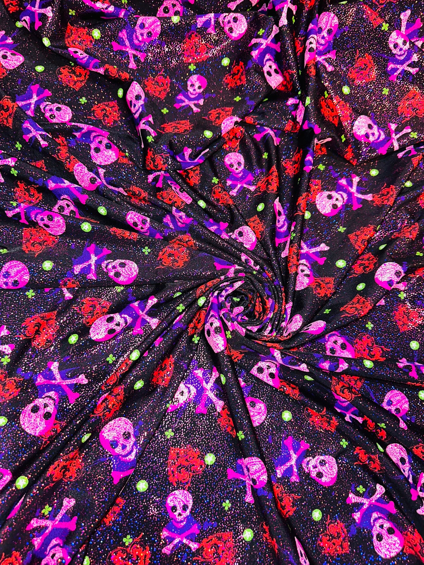 Luxury Skulls with Hearts design print on best quality of nylon spandex with foggy foil 4-way stretch 58/60” High quality spandex fabric.