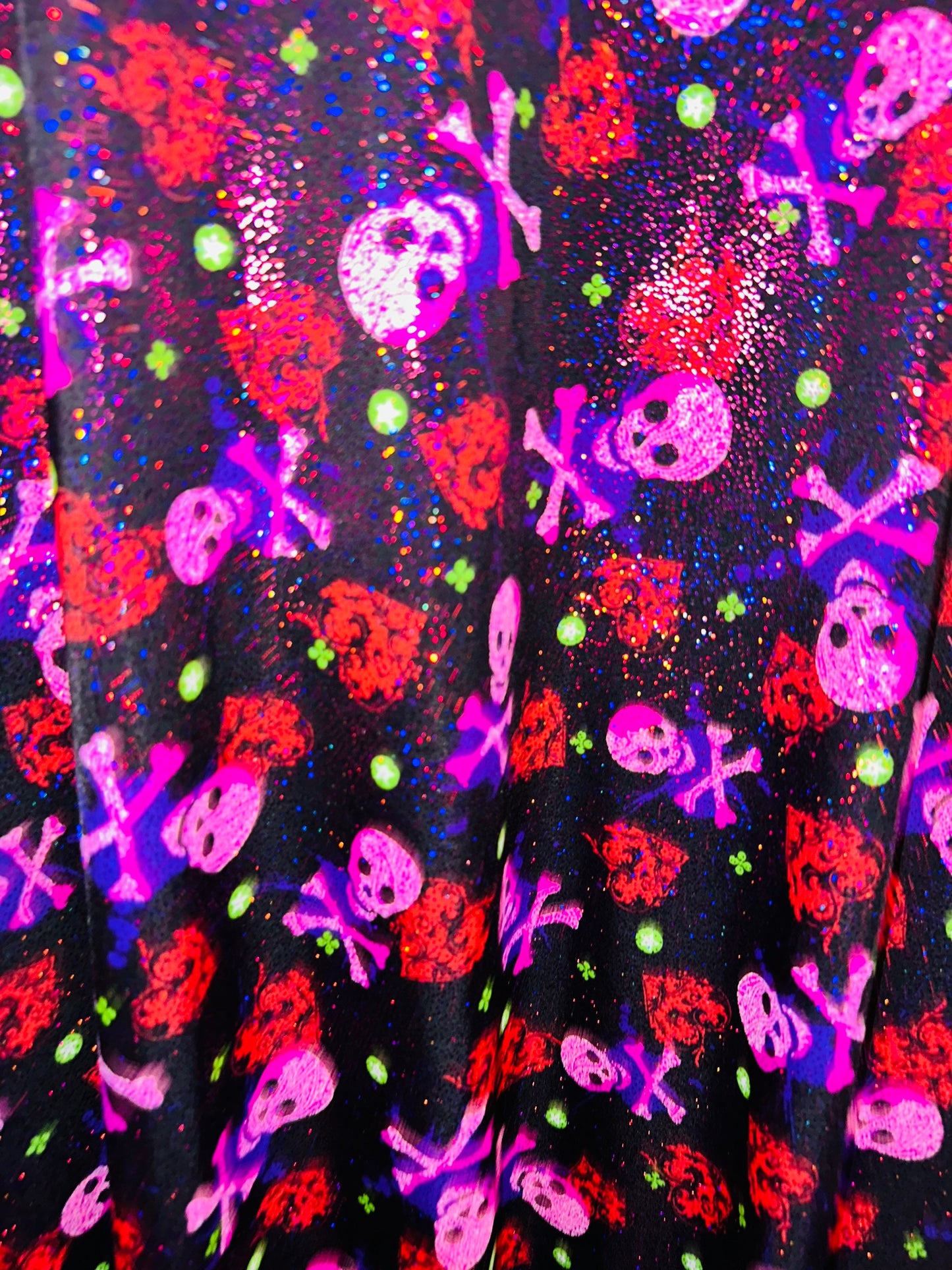 Luxury Skulls with Hearts design print on best quality of nylon spandex with foggy foil 4-way stretch 58/60” High quality spandex fabric.