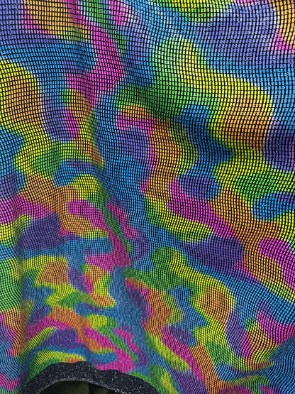 New Lava abstract design with neon colors it glows under black light metallic spandex with Geometric sequins all over 2-way stretch