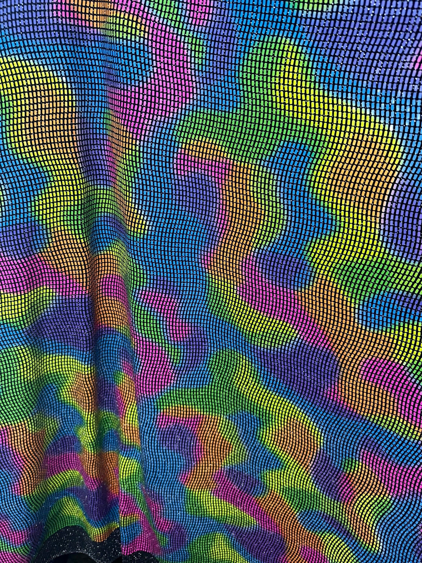 New Lava abstract design with neon colors it glows under black light metallic spandex with Geometric sequins all over 2-way stretch