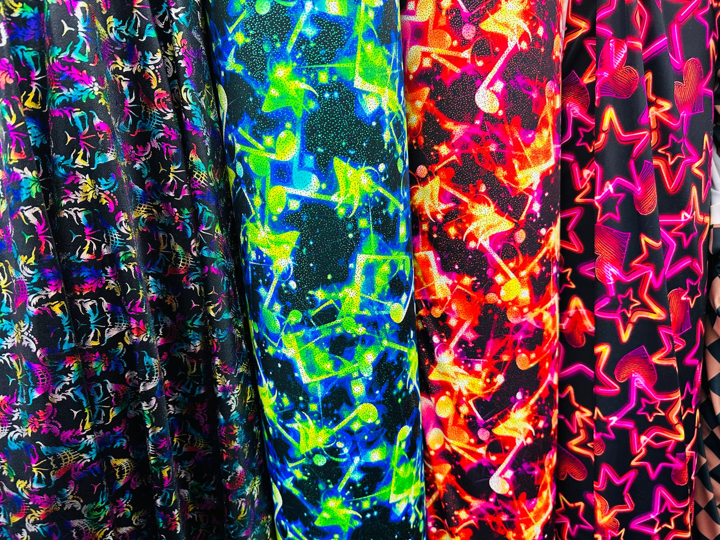 Various designs terminator, abstract designs and Stars design on best quality of nylon spandex 4-way stretch 58/60” Sold by the YD.