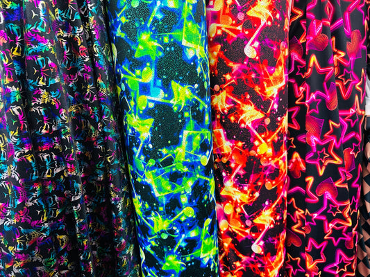 Various designs terminator, abstract designs and Stars design on best quality of nylon spandex 4-way stretch 58/60” Sold by the YD.