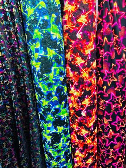 Various designs terminator, abstract designs and Stars design on best quality of nylon spandex 4-way stretch 58/60” Sold by the YD.