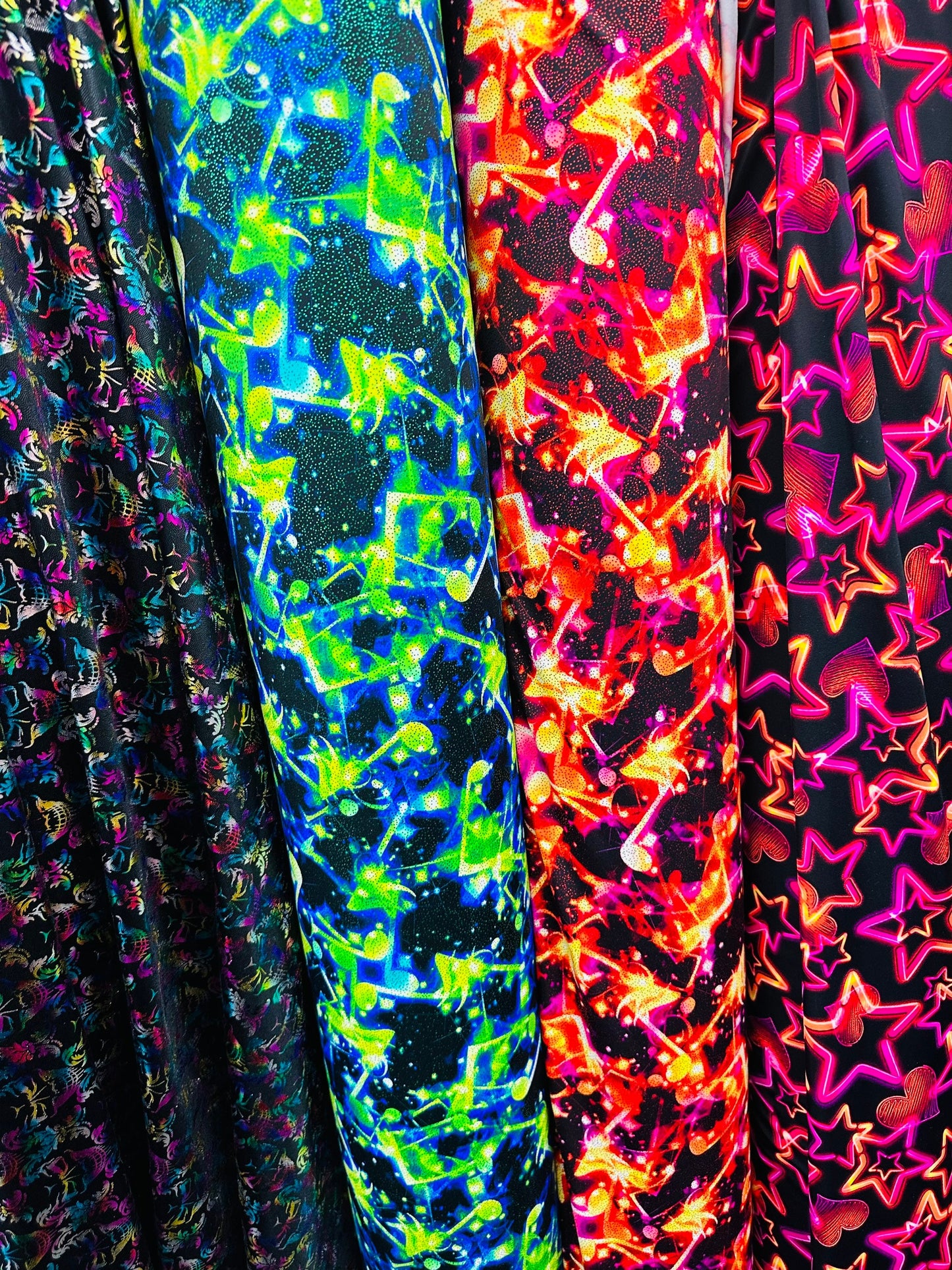 Various designs terminator, abstract designs and Stars design on best quality of nylon spandex 4-way stretch 58/60” Sold by the YD.