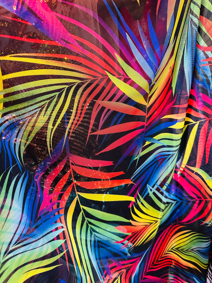 New Luxury Tropical Leaf design Rainbow print on great quality of power mesh 4-way stretch 58/60” Sold by the YD.