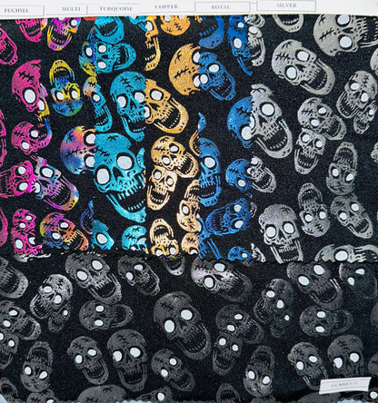 Luxury Laughing skulls design metallic nylon spandex with foil 4-way stretch 58/60” Sold by the YD. Ships worldwide from L.A