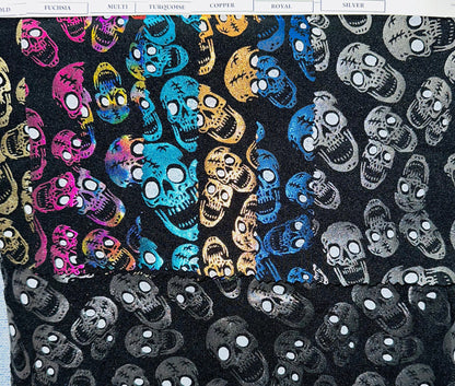 Luxury Laughing skulls design metallic nylon spandex with foil 4-way stretch 58/60” Sold by the YD. Ships worldwide from L.A