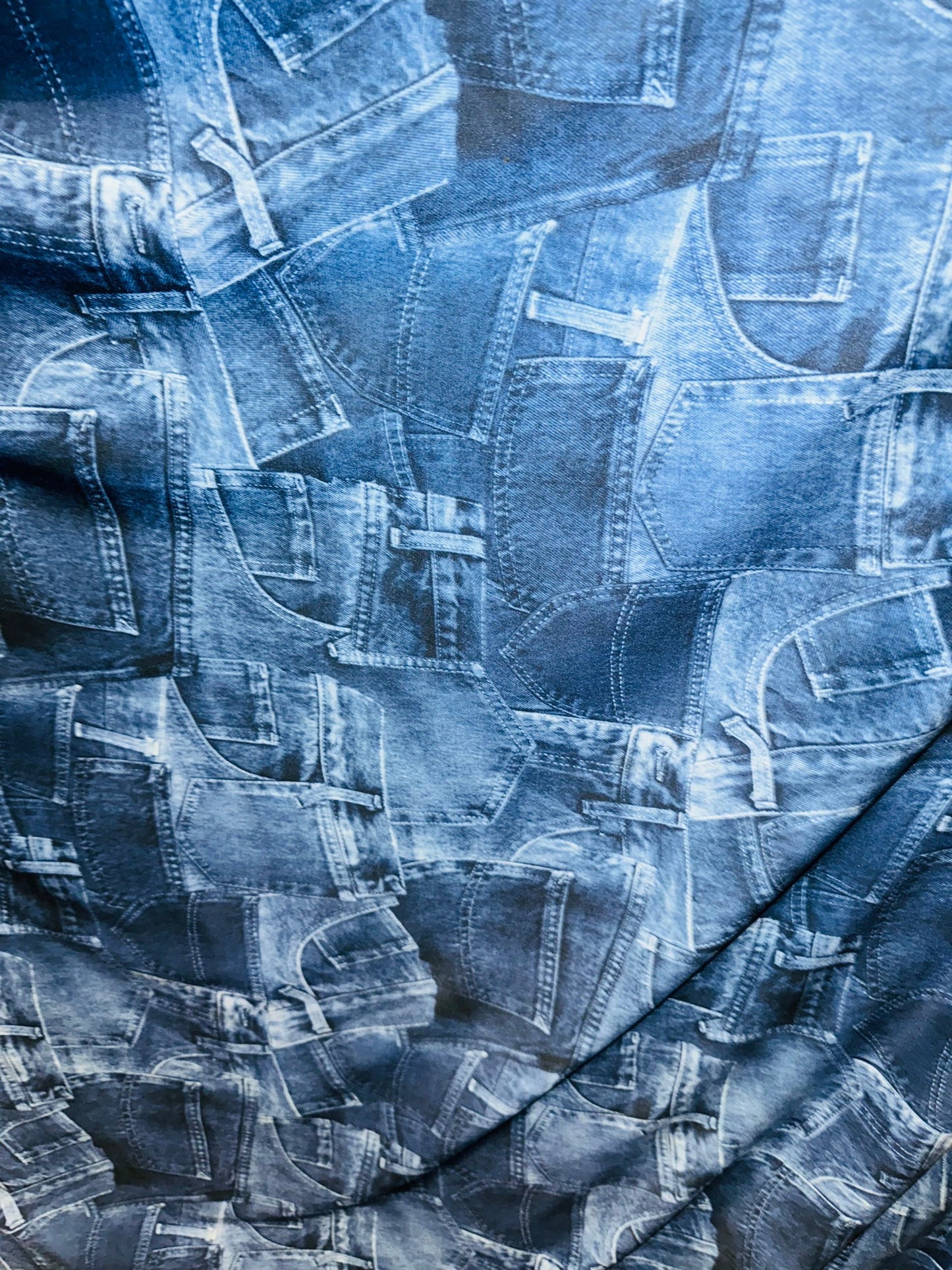 Jeans Pocket design print on great quality of poly spandex 4-way stretch 58/60” Sold by the YD.