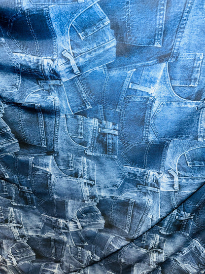 Jeans Pocket design print on great quality of poly spandex 4-way stretch 58/60” Sold by the YD.