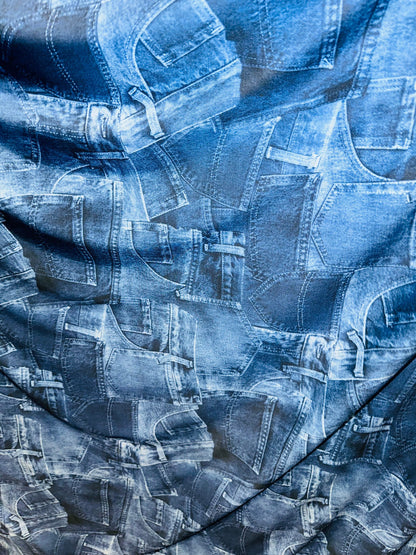 Jeans Pocket design print on great quality of poly spandex 4-way stretch 58/60” Sold by the YD.