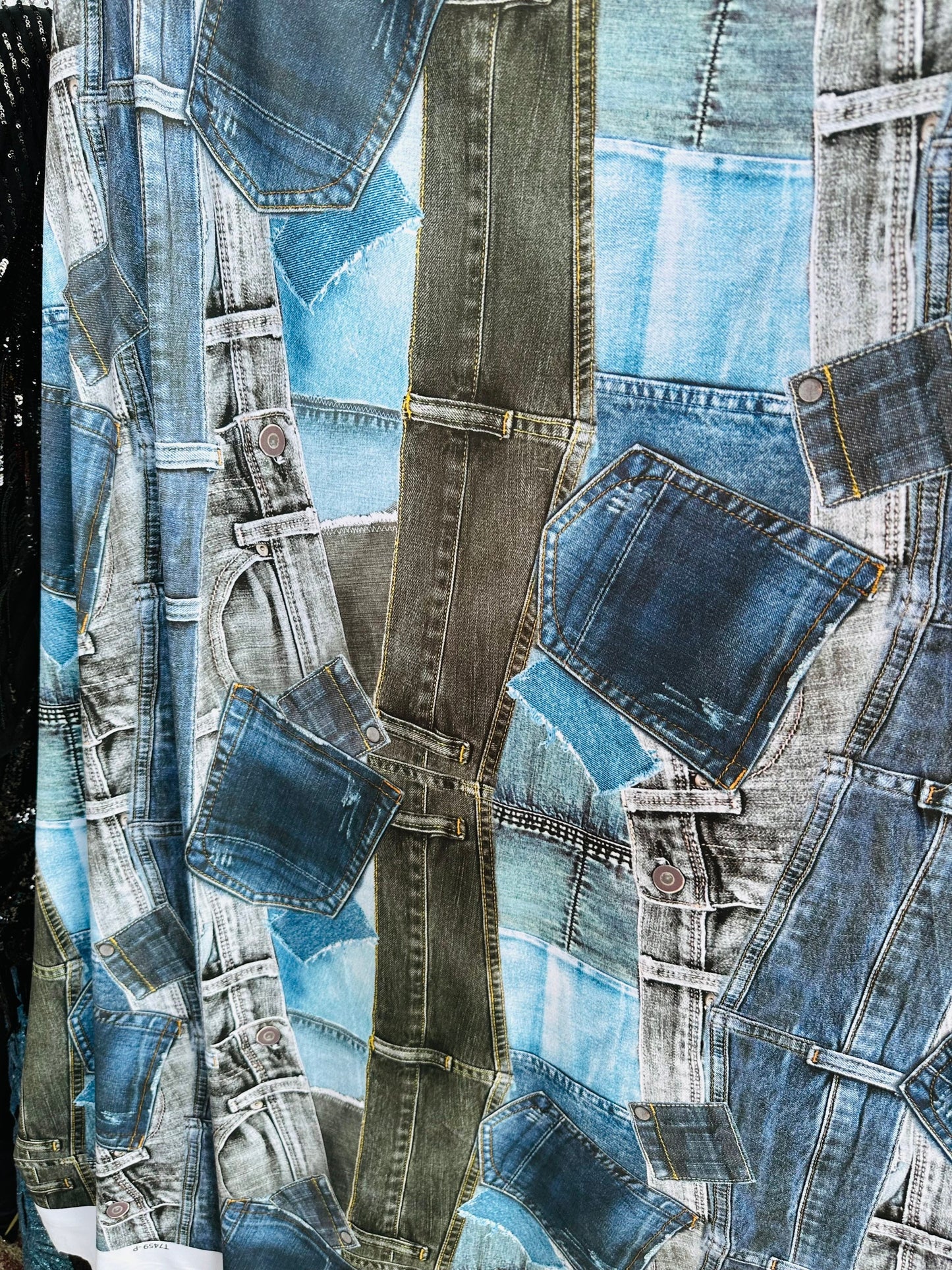 Luxury Jeans Pocket design print on great quality of nylon spandex 4-way stretch 58/60” Sold by the YD.