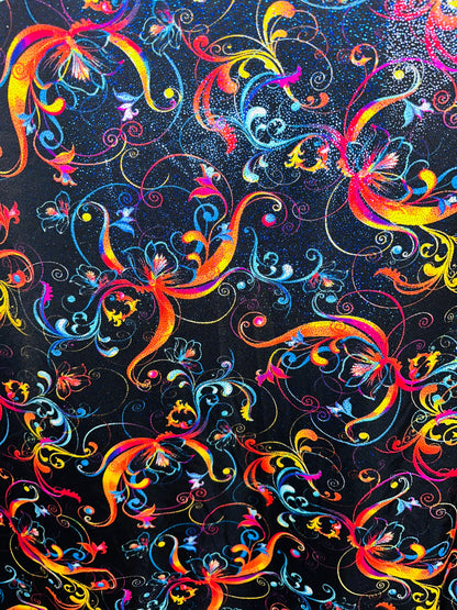 New Magic Flourish design Black/Multicolor Best quality of nylon spandex with foggy foil 4-way stretch 58/60”