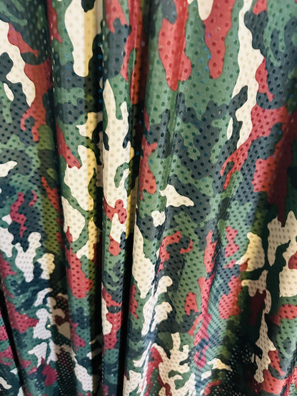 Camouflage design Army color print on great quality of poly spandex 2-way stretch with clear sequins 58/60” Sold by the YD.