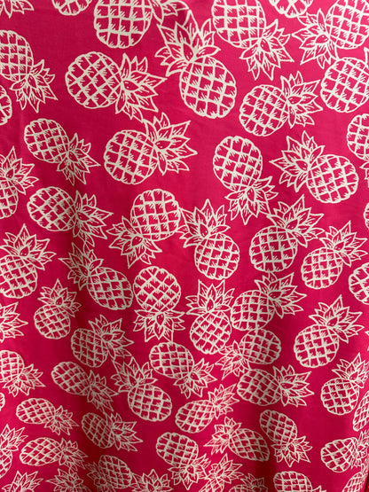 Tropical Pineapple design pink/white print on best quality of nylon spandex 4-way stretch 58/60” Sold by the YD.