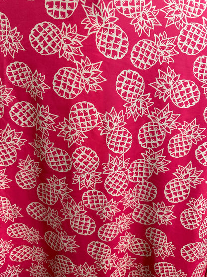 Tropical Pineapple design pink/white print on best quality of nylon spandex 4-way stretch 58/60” Sold by the YD.